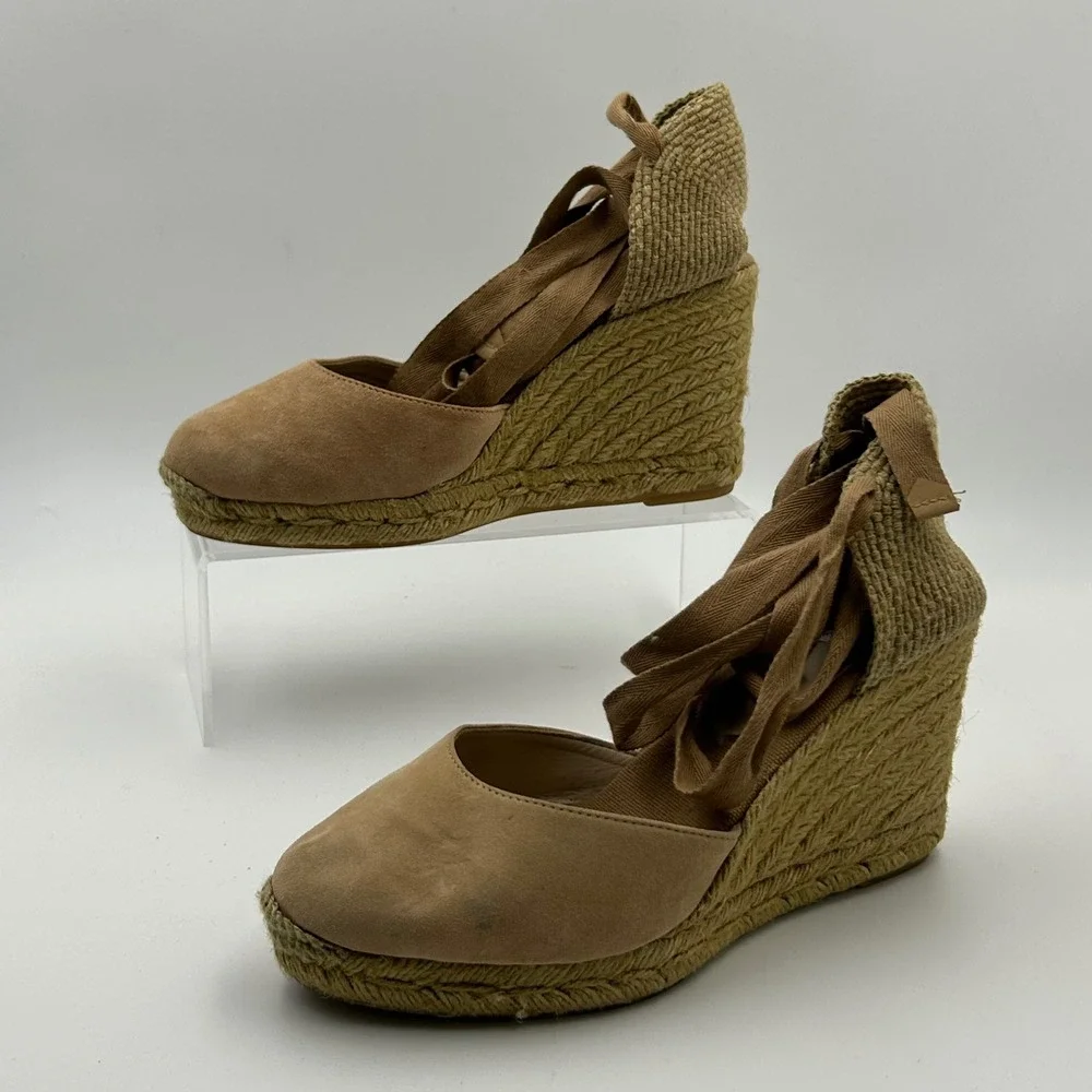 Aldo Espadrille Wedge Sandals Womens 8.5 Tan‎ Suede Ankle Tie Boho Summer Chic